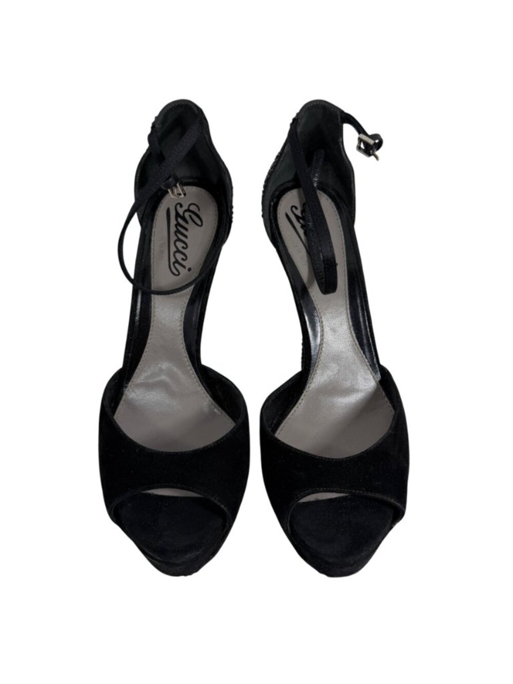 GUCCI Sofia Black Suede Crystal Embellished Heels Ankle Strap Platform Size 37 - Picture 2 of 16